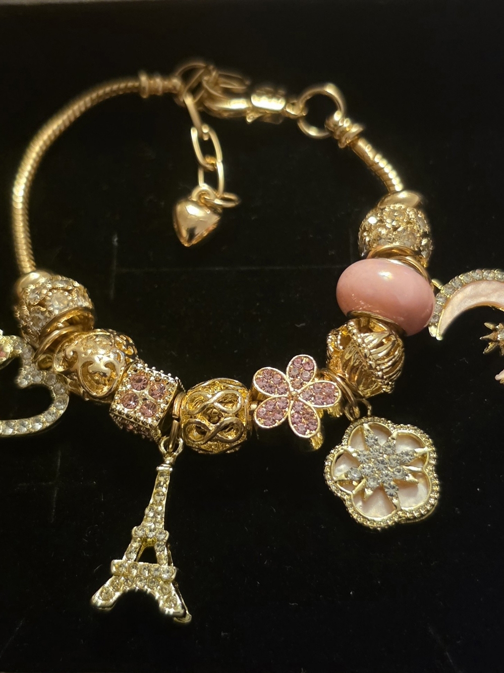 Gold-Tone Pink Charm Bracelet with Eiffel Tower Pendant